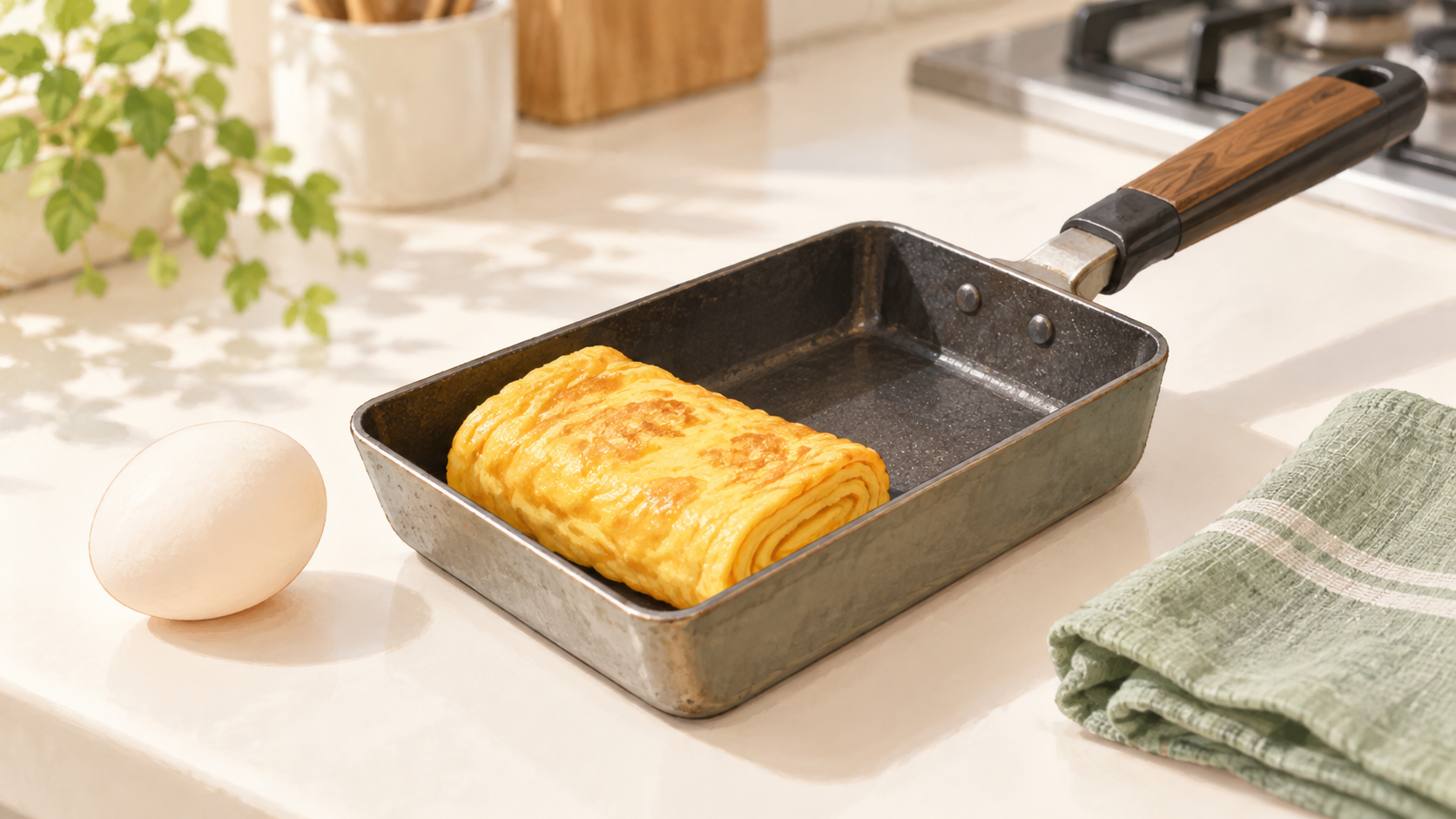 小さな玉子焼き器と卵1個のイラスト